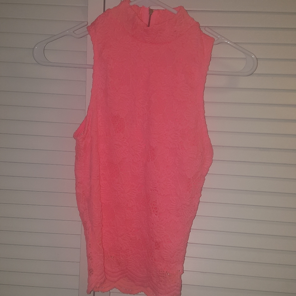 Coral pink lace back out crop top